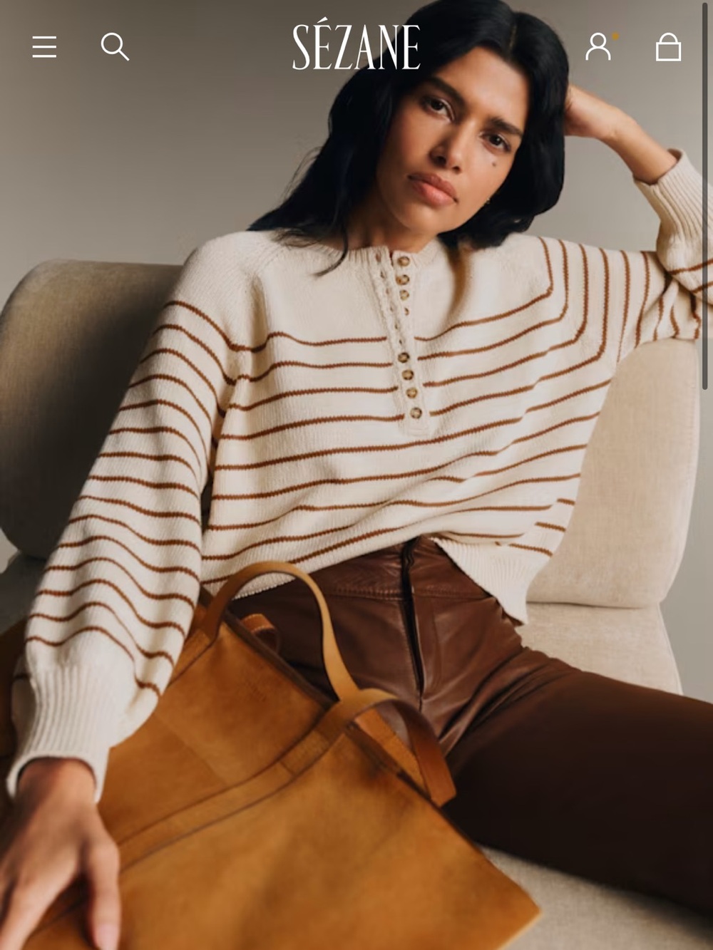Sezane Léontine Cream and Brown Striped Knit Sweater